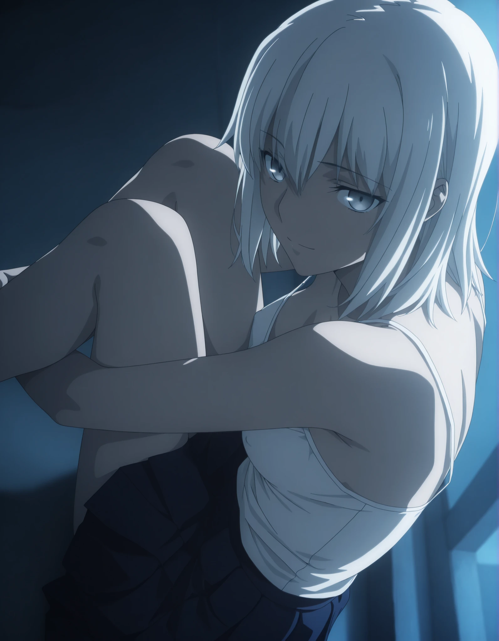 masterpiece, best quality, amazing quality, highres, absurdres, very aesthetic, high resolution, ultra detailed, perfect details, midnight, , indoors, ufotable style, (from above, from back), blue hour, backlight,
1girl, ufotable style, anime style, (anime coloring:1.5), (anime screencap:1.2) ,(aged up),
girl, mature, slim body, slender body, ,Fate Grand Order, fate, Fate Grand Order, medium hair, gray eyes, half eyes closed, white hair, pale skin, (straight hair), fetal position, sitting, , (knees to chest),
(show off nipple), white camisole pull, pleated skirt, dark blue skirt, small breast, (looking at viewer), expressionless, embarrassed, light smile,