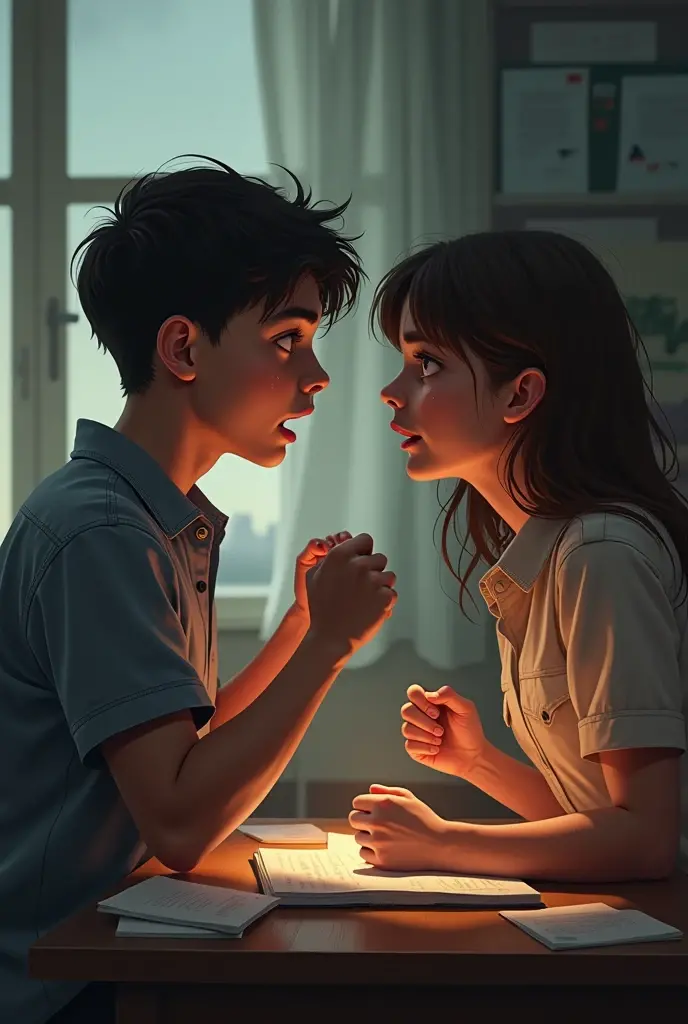A quiet, intimate corner of the event or a nearby café. The boy and girl sitting across from each other, their expressions shifting from surprise to emotional clarity. Flashbacks of their shared past play out as they talk.