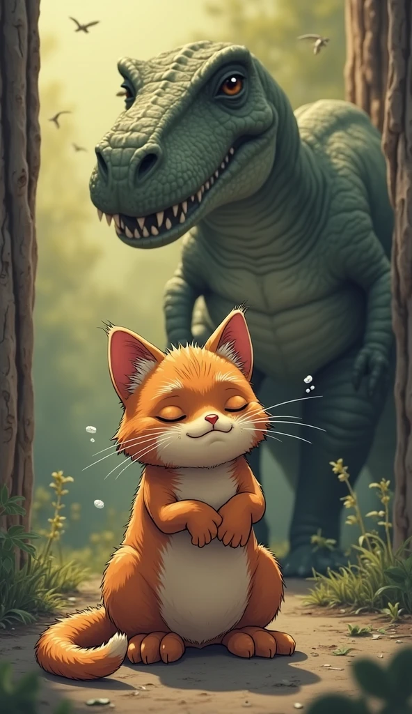 (The cat wipes away its tears and sighs in relief.)
🧡 Cat: "Phew… safe at last."
(Suddenly, a shadow looms behind the cat… it's a BIGGER T-Rex!)
🦖 Bigger T-Rex: "Oh, so you made my little brother cry?"
