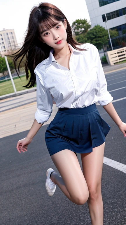 masterpiece,Highest quality,High resolution,Realistic,(1 high school girl:1.2), (((Plain white polo shirt), Red checkered pleated skirt), (White sneakers), White socks, Children&#39;s white panties),(Smiling with teeth showing, Embarrassing！:1.3),(hairs color light pink, Wavy mid-length hair, Gal Makeup, Eyelash extensions, Make your eyelashes thinner and longer:1.3), (Panty shot, The subject is viewed from below:1.1), (Thick thighs:1.2), (School corridor:1.3)