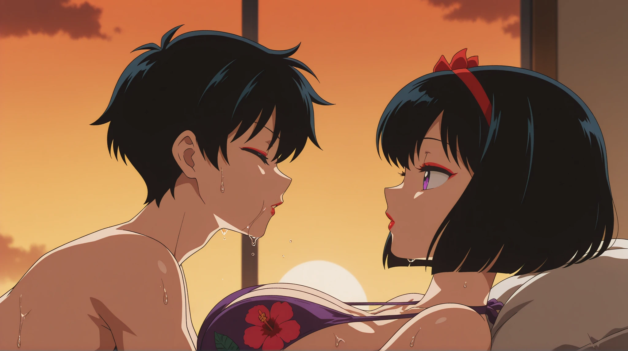shinkai makoto, kimi no na wa., 1girl, 1boy, bangs, black hair, blush, (boy nude with hard penis), ((girl nude showing small breast), bow, ribbon, short hair, cute, love, couple, adorable, Off-the-shoulders, dating, (((kiss, deep kiss, tongue, saliva))), closed eyes, bracelet, passionate hug, valentine heart background, lying in bed, showing pussy, full body, cowboy shot, having sex togethere, hard penis, showing breast, woman on the top, looking at viewer, arm up