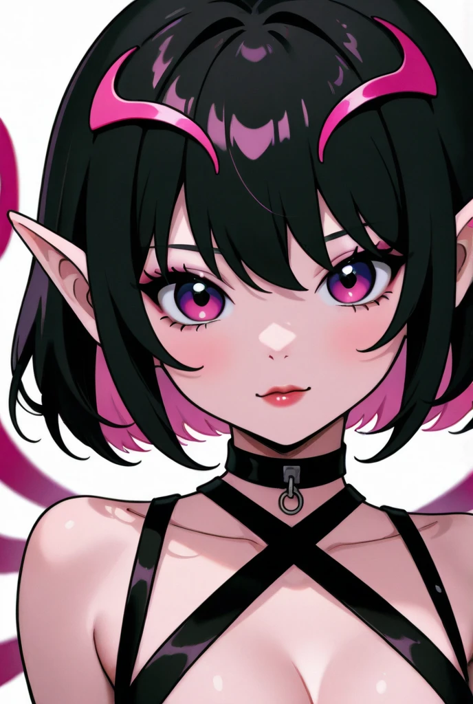 ((masterpiece,best quality)),1girl, loli, solo,elf ears, heart shaped earrings, heart shaped pupils, short hair, ((purple hair)), a pink streak on the bangs, ((a gap between the teeth)), Long black t shirt, long sleeves, shorts with chain, full body,((fangs))