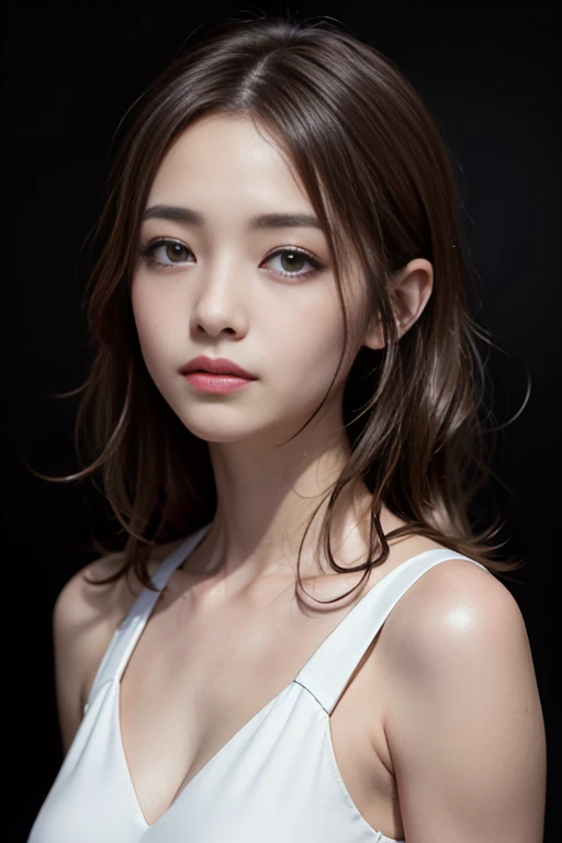 (highest quality,Super detailed,Physically Based Rendering:1.2), Realistic,Portraiture,Beautiful young woman with long wavy hair and captivating eyes,Delicate facial features,Soft lighting, Vibrant colors, ((Playfully licking fingers with tongue, Gently placing a finger in the mouth)),Subtle expressions of joy and anticipation,Romantic atmosphere, (Close-up shot of sensual lips),Cheeks turn slightly red,Sensual and sophisticated,A gentle and captivating gaze. centered, Studio gray background .