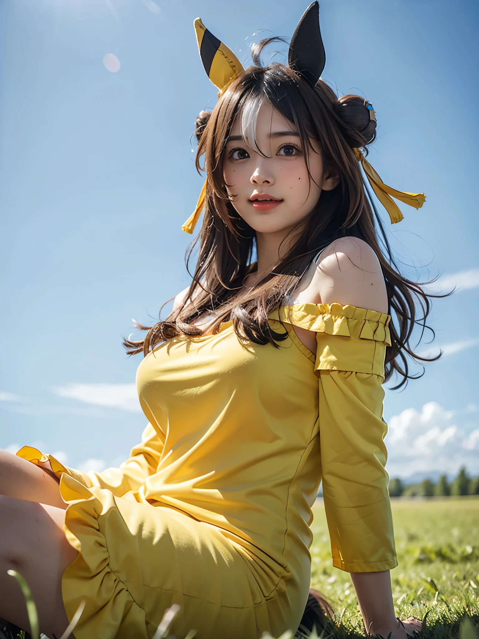 1girl, alone, (cute Japanese girl), 18yo, Young female, short stature, low height, skinny body, (smile:1.2), Looking at camera,
BREAK
(from below:1.3), (upper body:1.5, on one knee), stylish pose,
BREAK
Professional photo-realistic images, (16k, RAW photo, best quality, masterpiece:1.2), (realistic, photo-realistic:1.4), (extremely detailed 8k wallpaper), sharp focus, depth of field, blur background, bokeh, cinematic lighting, soft light, High resolution 16k close-up of human skin,
BREAK
perfectly round breasts, (huge breasts:1.3), (erect nipples under clothes:1.3),
BREAK
Copano Ricky \(umamusume\), horse girl, ((horse ears)), (horse tail:1.3), (hair between eyes:1.5),
BREAK
(((yellow short dress, ruffle dress, bare shoulders, off shoulder, removed sleeve, wide sleeve,))) blue gloves, beaded bracelet, (red ribbon:1.2, neck ribbon:1.2), (cleavage),
BREAK
arafed green grass field with blue sky in the background, in a large grassy green field, blue sky and green grassland, field background, grass field, grass landscape, grassy field, an expansive grassy plain, clear summer sky background, windows xp background, clear sky background, sunny day with clear sky, grassy hill, field of grass, tall acid green grass field