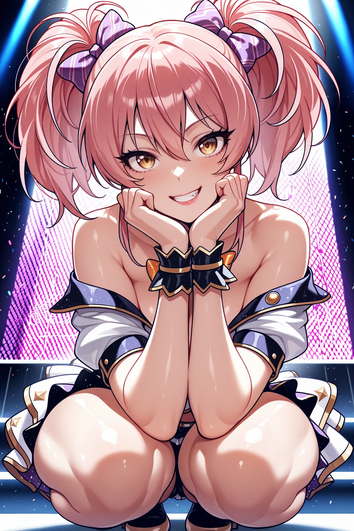 masterpiece, best quality, finely detailed, high resolution, 1girl, by buta99, by chelodoy, by spikedmauler, by cervina7, solo, female, ((hair, snout)), lips, big ass, eyelashes, happy, eyeliner, big breasts, cleavage, cameltoe, pink eyes, sexy, long curly black curly hair, Afro hair, tan skin, small , sexy, slim waist, skinny, slim, skinny, milf, thick thighs, pretty, pink clothes, evil , sparkles, pastel background, black lipstick, light orange curly hair, braids, skinny, black skin, tan skin, pink background, pink clothes