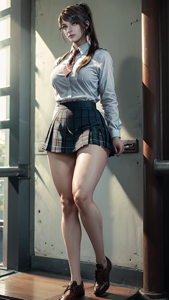 (best quality, 8k, highres, photorealistic:2.0), (solo, one girl:2.0),(lighting: strong),(lighting: front),(very muscular girl:2.0),(bodybuilder girl),(Squat down on one knee and spread your legs apart.:1.5),(raise both arms behind your head:1.5),(wearing black loafers:1.5),(school uniform),(white collar shirt),(long sleeve shirt),(red ribbon tie),(black pantyhose:1.5),(blue skirt),(blue pleated mini skirt),Photographed in front of high school, Wealthy Japanese lady