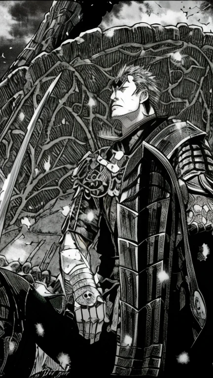 (man face:1.4), 21age, long hair, black hair, Realistic, armor, full body shot of the most beautiful artwork in the world,  cinematic shot, centered, cinematography, intricately detailed, crafted, meticulous, magnificent, maximum details, extremely hyper aesthetic, Sketch, Manga Sketch, Pencil drawing, Black and White, Manga, Manga style, Low detail, Line art, vector art, Monochromatic, by katsuhiro otomo and masamune shirow and studio ghilibi and yukito kishiro and kentaro miura