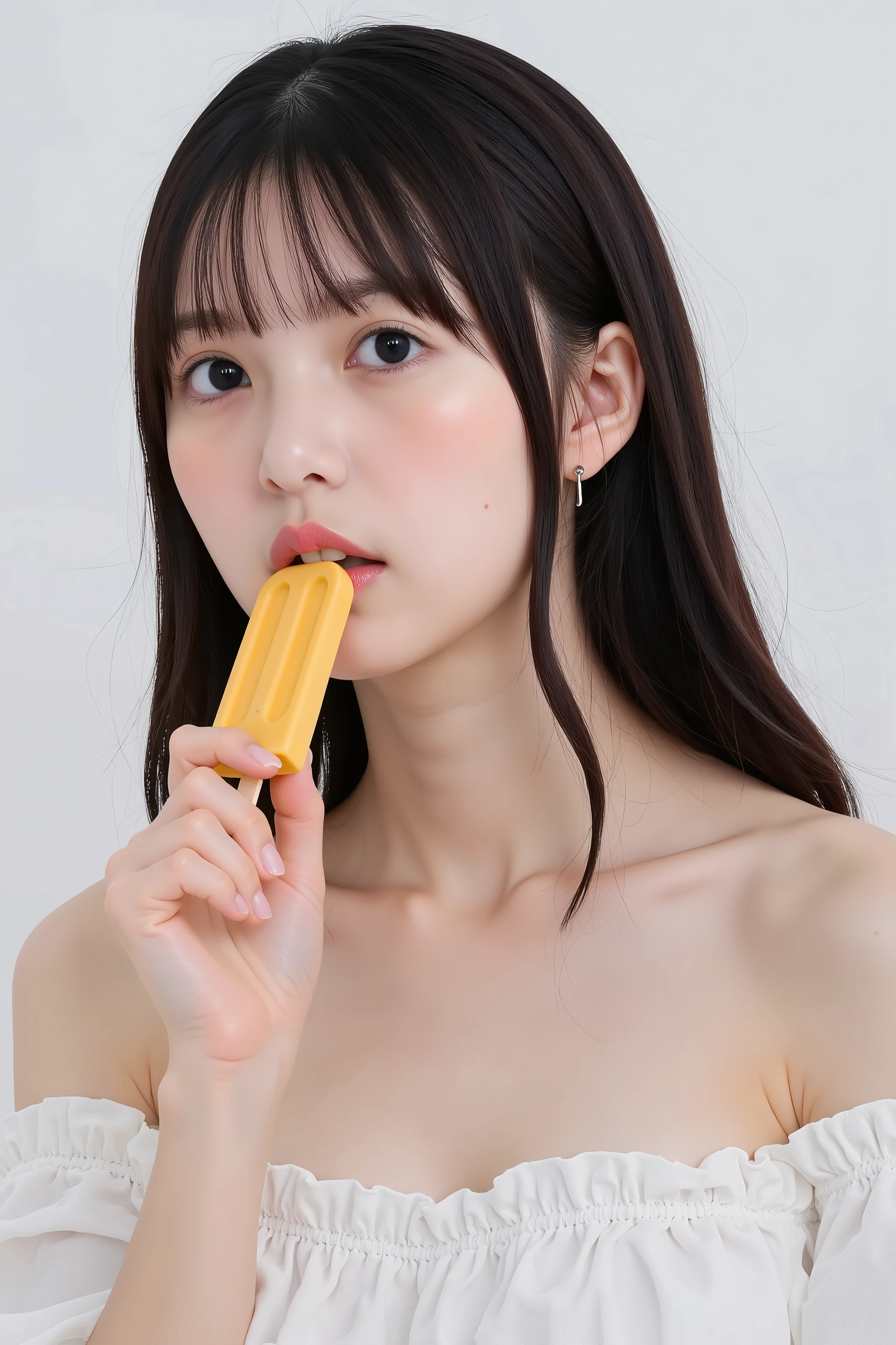 A high resolution photograph of a Japanese woman in off-shoulder sundress with sensual face viewed from the side, close-up of face. Her hairstyle is straight long black hair with blunt bangs. She has a tiny breasts and pale skin. She's holding a cylindrical popsicle in one hand and licking it. It depicts detailed hands, detailed fingers, detailed face, detailed eyes and anatomically correct proportion.