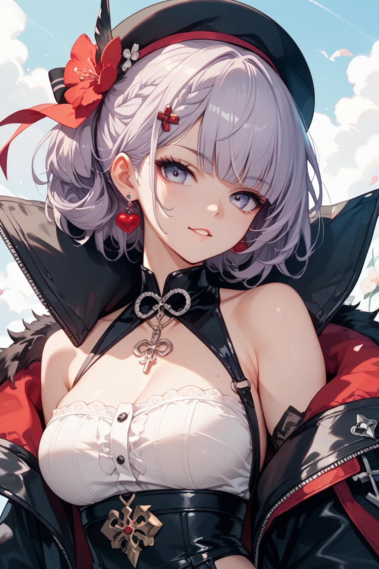 (Top image quality)，2023 Animation，Top animation quality，High-resolution details，Detailed wallpaper，(masterpiece)，(medium view), solo，A woman，upper body，neat white hair，neat bangs，Deep red eyes，Beauty，light smile，(Wearing only a Gothic off-the-shoulder long-sleeved dress with lace trim)，large breast，(Cleavage)，((A black snake wrapped around the torso))，black snake，Inside the Gothic Castle，(Depth of Field)，[at night]