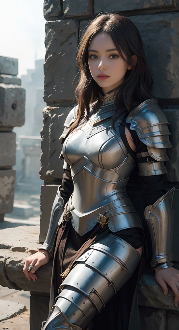 A girl wearing armor posing, bikini armor,female knight, armor girl, metal armor, thick armor, metal bikini top, metallic armor, gorgeous female paladin, order Amazing armor, thick shoulder armor, thick leg armor, thick arm armor, perfect face, amazingly beautiful, fantasy warrior, light black armor, fantasy paladin woman, bare belly, belly open, beautiful, refined face, vibrant eyes, high detail skin, realistic skin details, visible pores, sharp focus, volumetric fog, 8k ultra hd, DSLR camera, high quality, photo realism, photo realism ism, Photography, ((8K, Raw, Masterpiece: 1.4)), (Professional Photography, Sharp: 1.2), ((Portrait Photography)), Perfect Dynamic Composition, (Natural Sunlight), (Soft Shadows), ultra-detailed face and skin, perfect Asian, white skin, (fine skin: 1.3), (perfect glowing skin: 0.6), beautiful eyes, round eyes , pretty face, blush, glossy lips, high nose bridge, glossy eyes, perfectly proportioned face, real moist skin, exquisite expression, looking at the camera,light_smile,((cowboy_shot)),Ancient makeup
