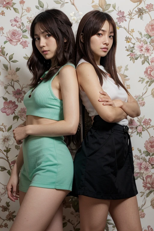 Japanese movie style,best quality,((Dramatic:1.2)),((original photography:1.3)),Night view,2 women, Tattered clothes,((lace skirt:1.2)),ripped lace skirt,Behind is a dilapidated wall,Madness,Drunk,Show your butt
