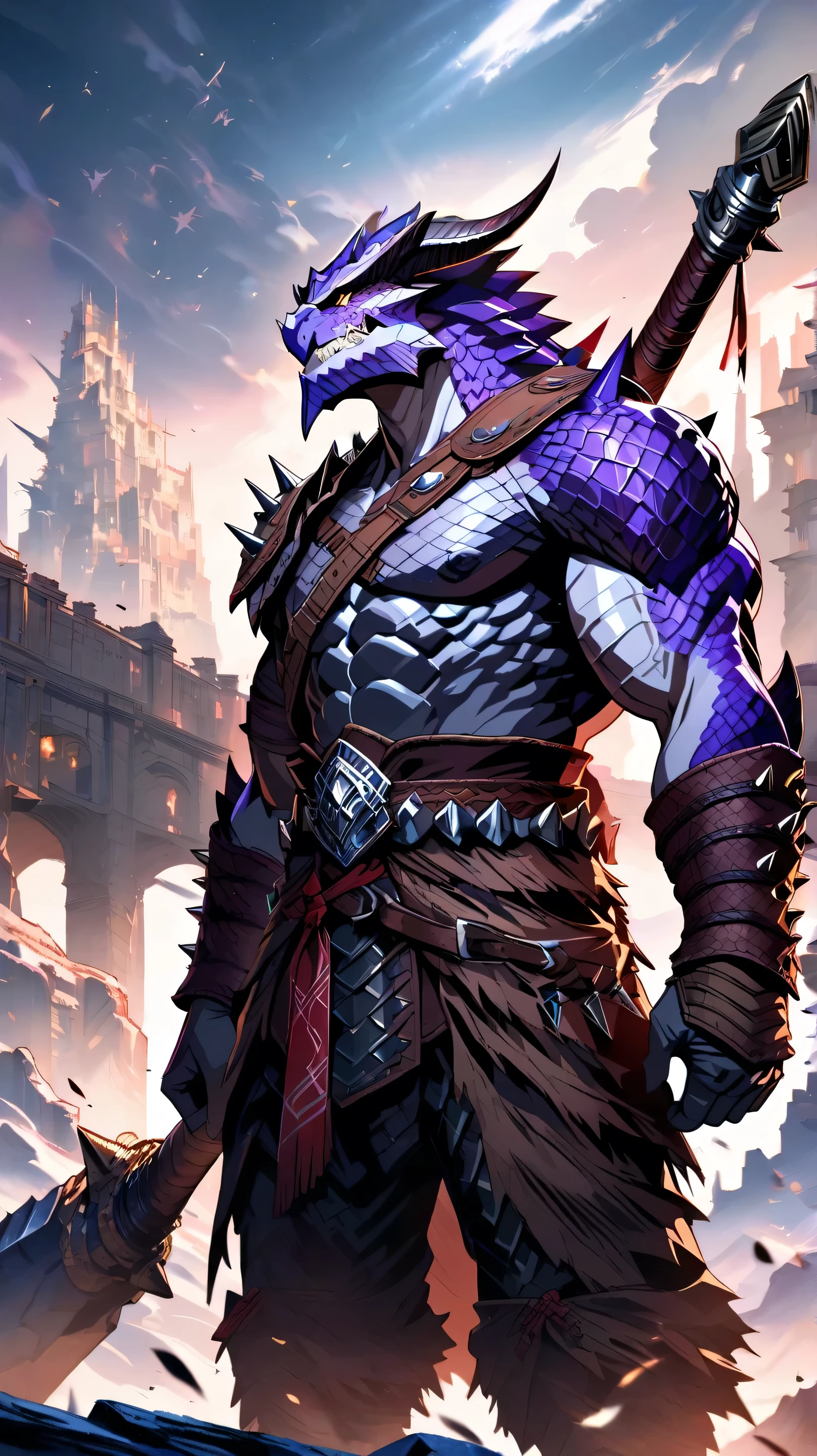 masterpiece, highest quality, ultra detailed, high detail anime, dragonborn male, furry dragon, purple scales, spiky jaw, intimidating look