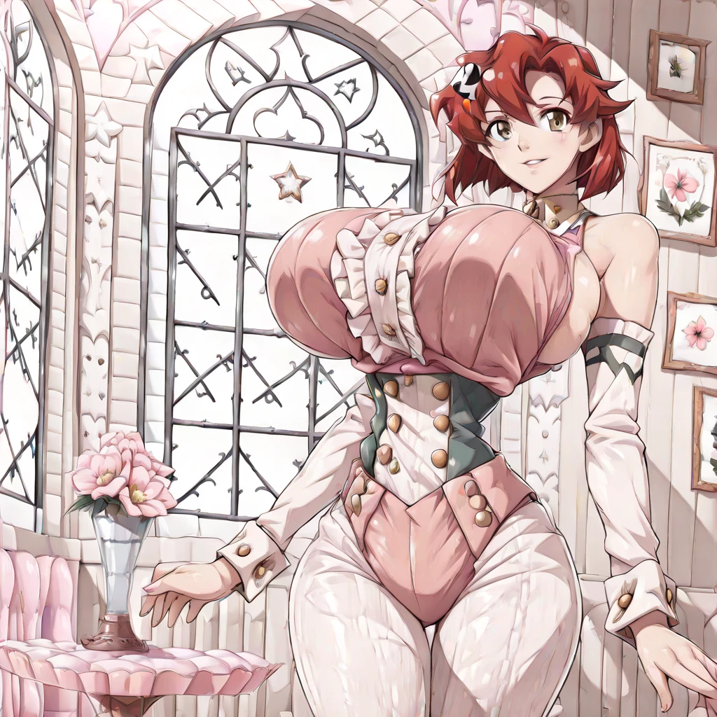 (masterpiece), best quality, highres, NSFW,
girl, (traditional media, 80s:1.4), (eyelashes:1.5),
(intricate high detailed body:1.2), (loli:1.2),
red hair, short hair, (twin messy bun),
green eyes,
lip stick,
slender body, large breasts,
(smirk:1.2), open mouth,
neckwear, (white lace leotard with sleeves:1.1),
(short frill skirt:1.1), see-through clothes, jewelry,
cowboy shot,
in royal palace,