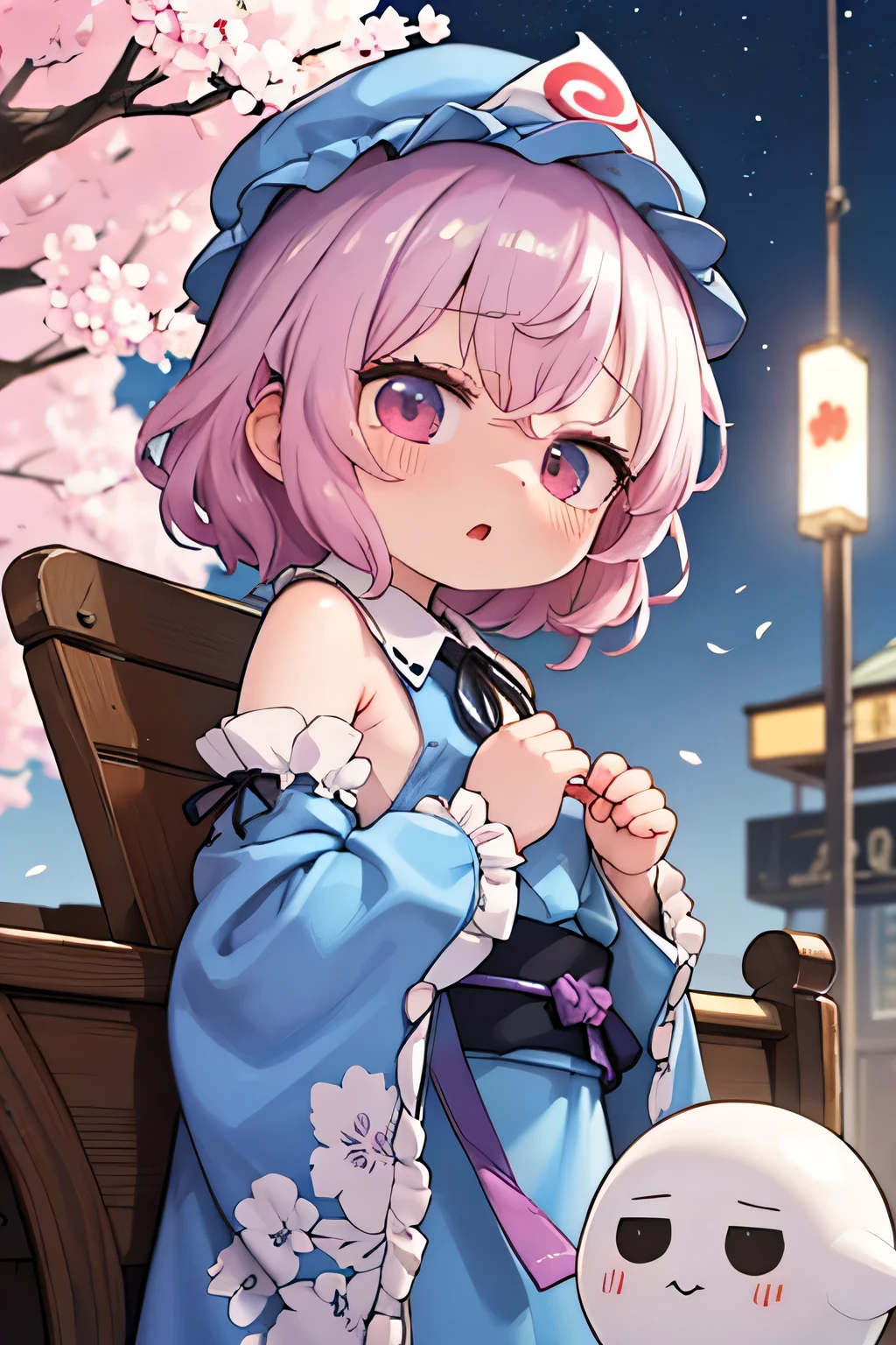 One girl, Saigyouji Yuyuko (Touhou), pink eyes, short hair, wavy hair, pink hair, blue hat, mob cap, neck ribbon, black ribbon, blue kimono, frilly kimono, obi, long sleeves, wide sleeves, frilly sleeves, sleeve garters, triangular headdress, blue ribbon, waist ribbon, kettle, ghost, fan, Saigyouji Yuyuko (Touhou) fan design, Shippo (pattern), Imperial carriage, cherry blossoms At night, with the cherry blossoms in full bloom and falling, Saigyouji Yuyuko commits suicide by stabbing herself in the chest under a cherry tree.
Peace to that soul ~ Dignity of Spirit
While fondly counting her shining memories
Blood seeps from her lips as she sings of her regrets
The young girl chose to fight, no one to pick up the bones she threw away in her resolve
Even when the long winter and nights endure, Zombie-kun probably knows
One truth
Even though she bears it, she cannot forget the deep scars engraved on the of a distant past
The white arms left by mischief
are stained redder than the karma of that flower
All the while, madly remembering
The time of awakening when they will gather together as if drawn to each other
The young girl endures, waiting only
As if it were the law of those who cannot be judged
Even when the long winter and nights endure, Zombie-kun probably knows
One truth
A whimsical tragedy shakes the clouds A nameless song with a howling voice that is beyond human imagination
How much emotion wets my cheeks at the voice of a person who shares the same wounds
While wiping the distorted scenery over and over
My heart races at the light in her eyes
The young girl chose to fight, with resolve and hope at her side
Waiting for a late spring, unblooming love will decay
Zombie-kun must know
On this road, "I can't look back"
Until I get out, "It's okay to be deceived"
I can't forget my sins
Until I've been judged, "It's okay"
You hurt my pride! Stab me in the back! Because I'm carrying a wound that will never fade
Overdrive! Stand Your Life! If y