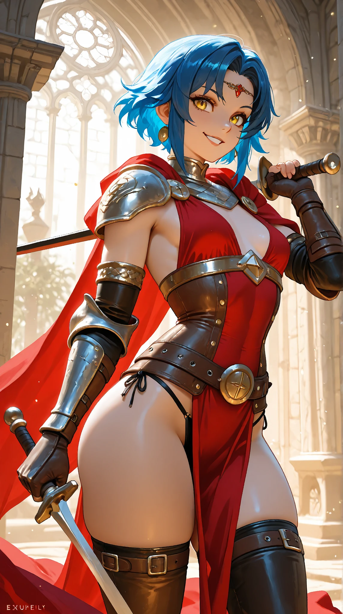 ((masterpiece,best quality)), absurdres, <lora:Valentine_Skullgirls:0.8>, valentine (skullgirls), red eyes, blue hair, ponytail, choker, cleavage, hair over one eye, shiny metal, body armor, breastplate, fingerless gloves, shoulder armor, gauntlets