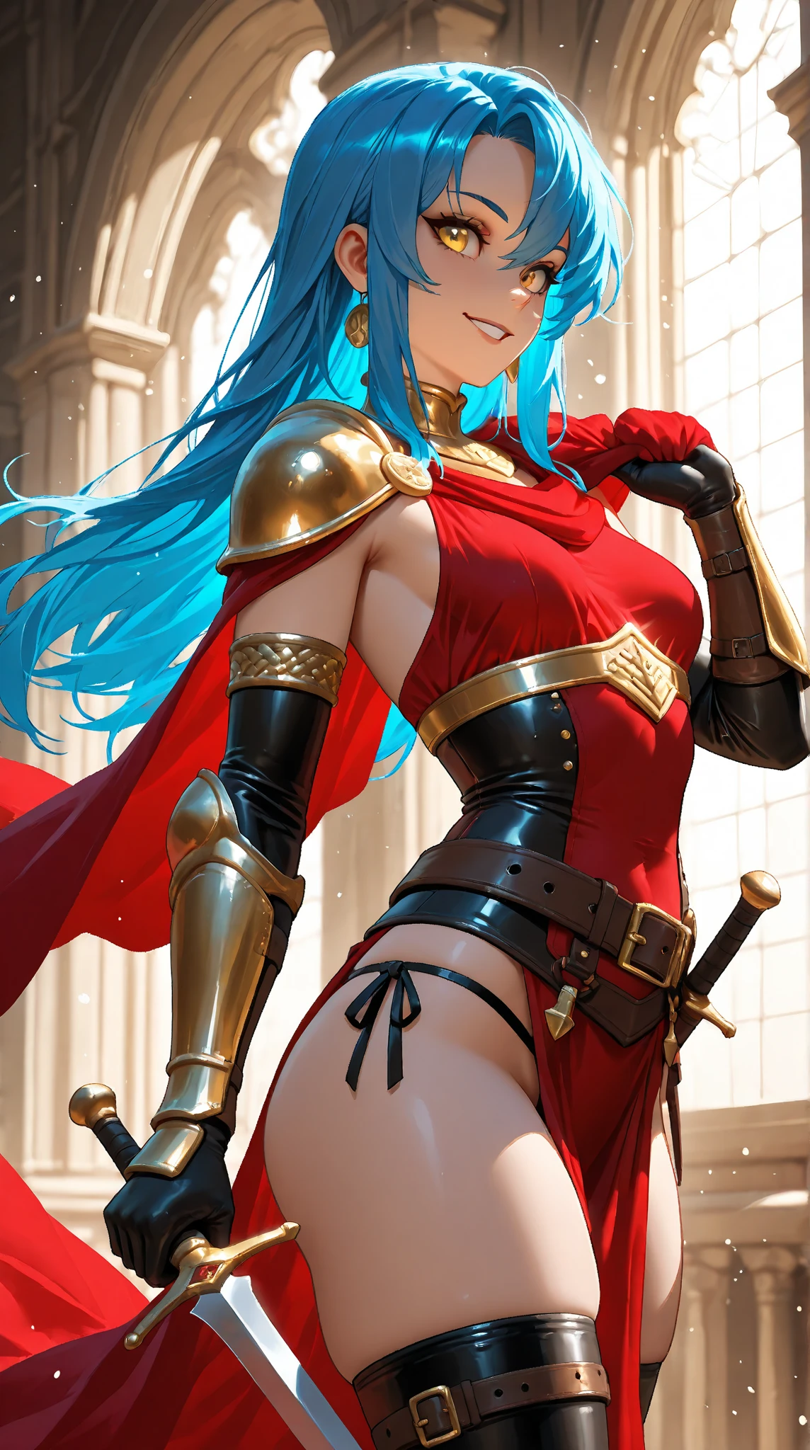 1 magical warrior girl, with red costume with black parts, rainbow hair and red eyes, huge breasts, holding a fire elemental sword, in a dungeon in zelda breath of the wild, looking at the viewer, evil smile, anime, high detail, Realism, Hyperrealism, wide shot, 16k, UHD, masterpiece, high details, best quality, award winning, highres