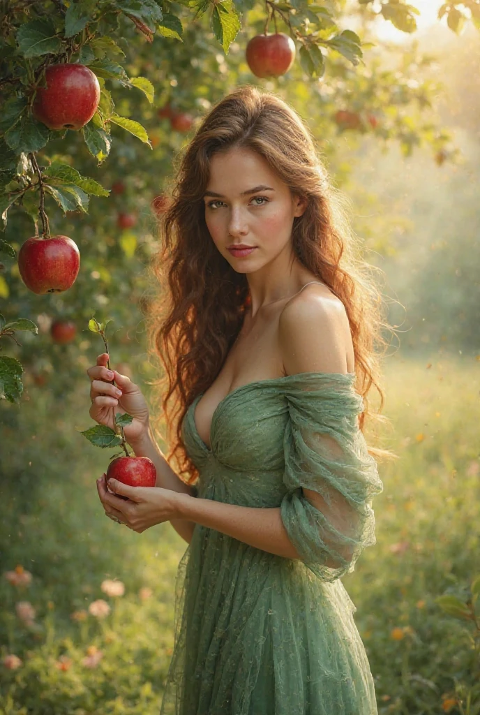 A beautiful european girl, Eve, wearing white organza dress, translucent dress, cleavage, white fishnet stockings, full body, red apples, near an apple tree. She is 24 years old, has light brown hair, long hair, curly hair and light blue eyes. Her cloth is stylish and her overall appearance is stunning. The girl's face is extremely detailed with beautifully detailed lips. Her skin is anatomically correct with realistic textures. The image should have super high details and be of the best quality, with a resolution of 8K. The final result should be a masterpiece, showcasing the girl's beauty and the vibrant atmosphere of the garden