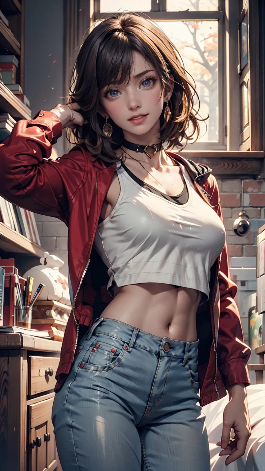 ((medium breast, tomboy girl,)),  (chiseled abs : 1.1), (perfect body : 1.1), (short wavy hair : 1.2) , auburn hair, collar, chain, full body shot, crowded street, wearing tanktop, jeans jacket, (torn clothes:1.3)((shorts)), (extremely detailed CG 8k wallpaper), (an extremely delicate and beautiful), (masterpiece), (best quality:1.0), (ultra highres:1.0),  beautiful lighting ,perfect lightning, realistic shadows, [highres], detailed skin, ultra-detailed (((colorful))),high realistic,