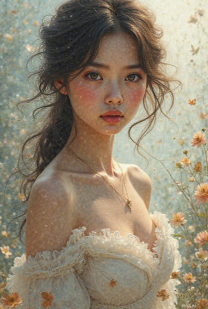 9 years old naked girl, floral, Lycianthus ,In light green and light blue styles..., Dreamy and romantic composition..., dripping flowers on her face, colorism, white background, pencil art illustrations, looking at the viewer, naked body, sit side posing, skinny legs, small breasts, shy face,