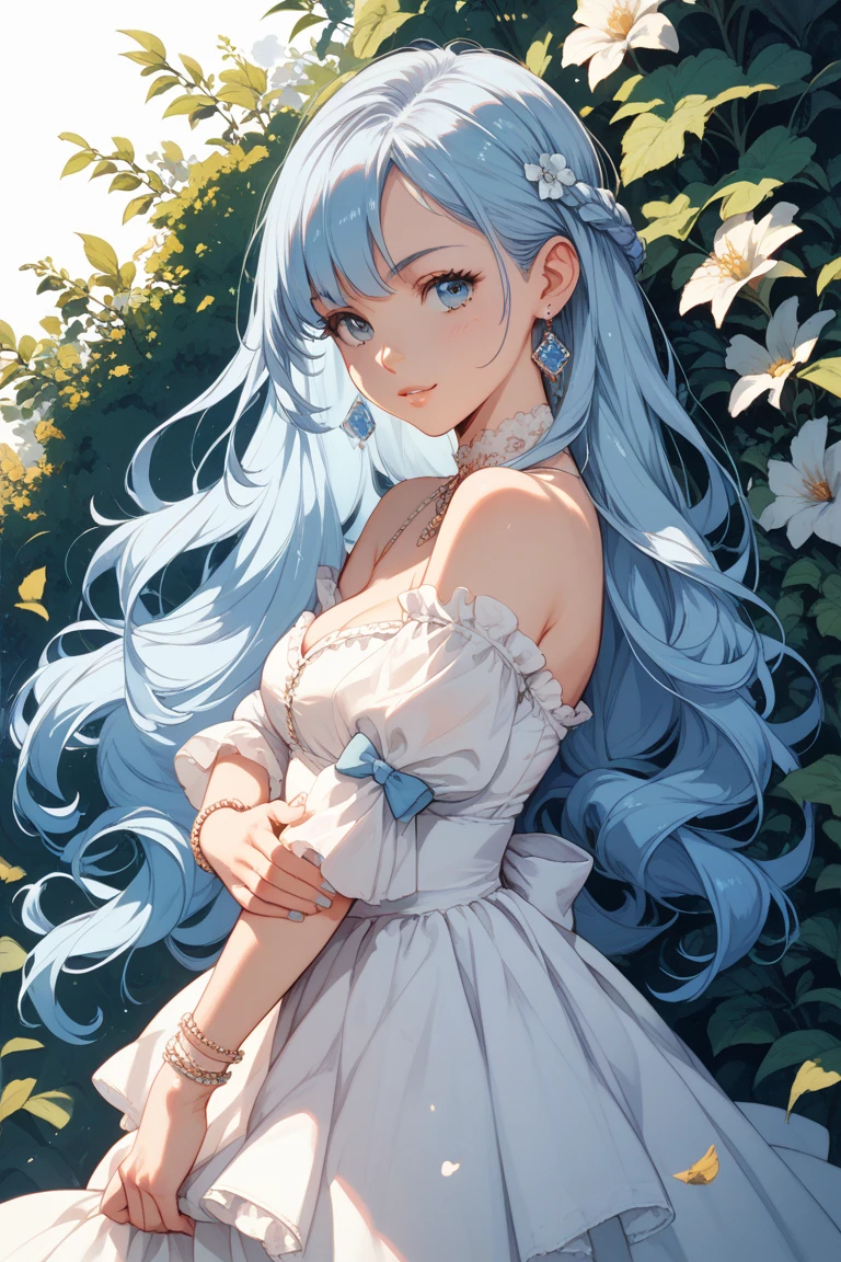 woman, solo, Mauve Hair, Long hair that reaches down to the waist, ((Wavy Hair)), Trimmed bangs, Clear skin, large breasts, Narrow waist, Posing with the back of the hand resting on the waist, Big eyes, Rainbow Eyes, A one-piece dress cinched at the waist, bare shoulders, Light blue dress, Daytime, Blue sky, Shining Sun, Large Entrance Clouds, Backlight, Looking up at the sky, Dripping Sweat, A chest that reveals the collarbone, Silver thin necklace,