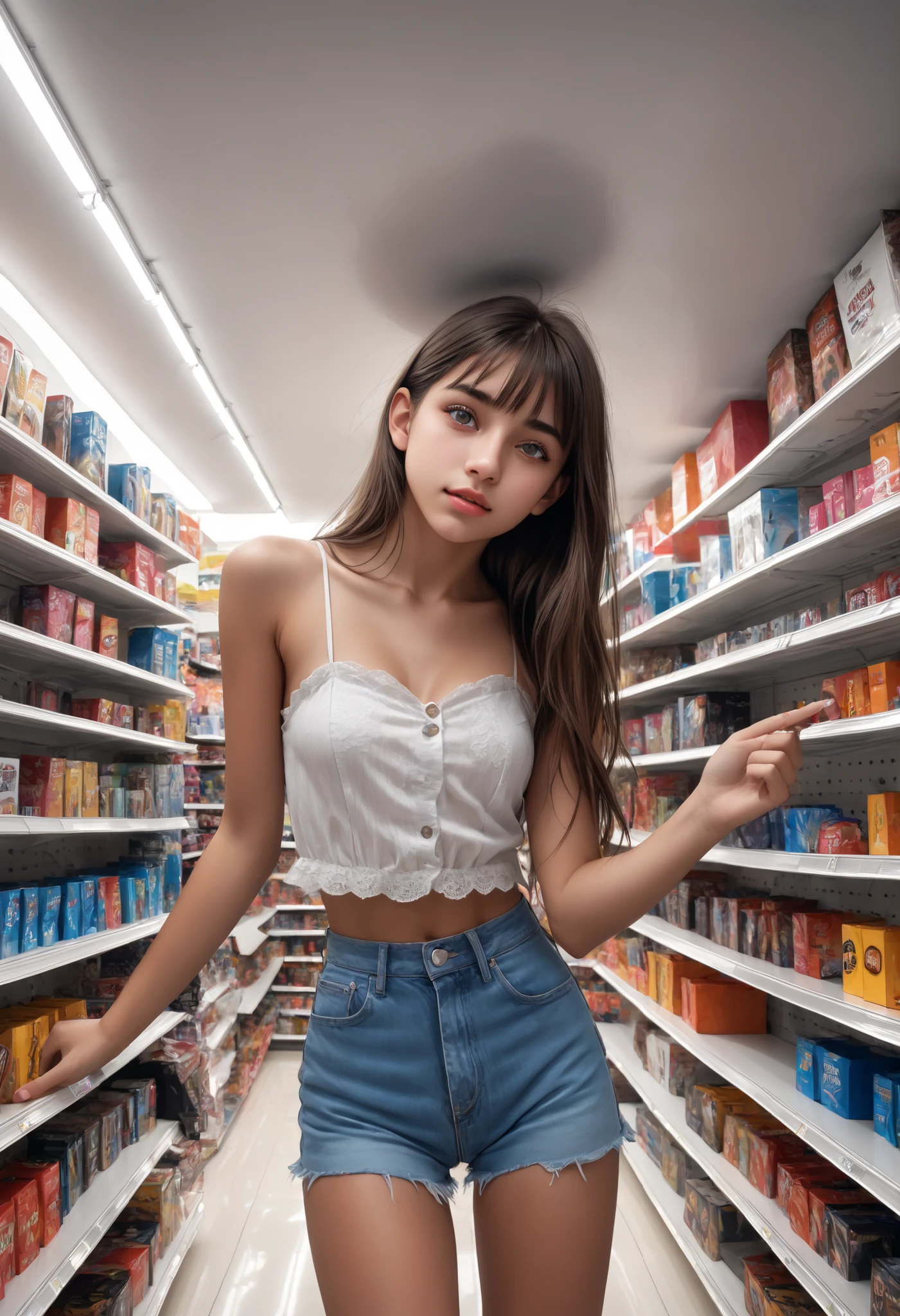 giantess young girl with beautiful face like ceiling bends down to pick up an item from a low shelf in a store.
