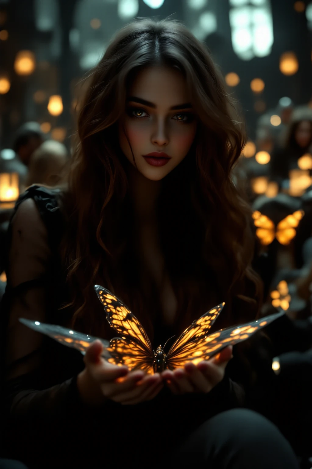(masterpiece, best quality:1.5), highest quality, High resolution, super detailed, Realists, Upper body photo of a dark-skinned young magical girl, Skin color black, detailed and beautiful eyes, beautiful detailed lips, very detailed eyes and face, longeyelashes, shiny satin dress, Holding a magic wand in your hand, Cast a transformation spell, With her stick she turns spiders into butterflies, Glowing wands available,Beautiful and colorful makeup, elegant and noble々The jewelry bag, Gardens as background, soft daylight, bright colors, fine brushstrokes, Portrait style, Silk dress fabric, beautiful color palette, glowing skin, First-class rendering, that captures every detail, enchanting atmosphere, subtle shadows and lights, (perfect anatomy:1.2), (The stunning Magical Girl turns spiders into butterflies. on the table(a transformation with the magic wand:1.4), (magnificent panorama view:1.2)