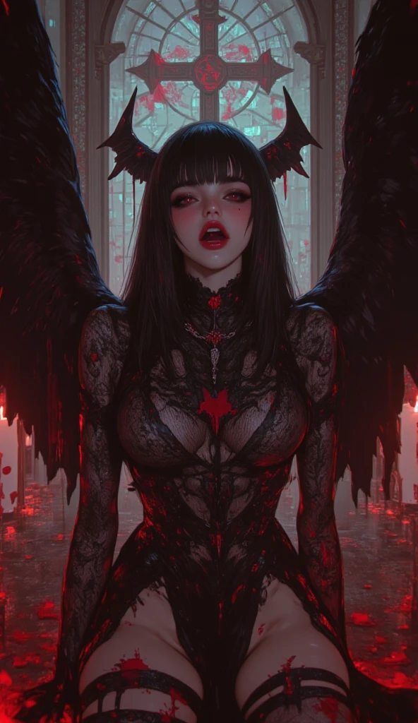 (masterpiece:1.4), (intricate:1.2), (detailed:1.2), (vibrant colors:1.2), BREAK,
(dark fantasy:1.0), (eerie:1.0), (tragic:1.1), (dark red theme:1.2), (glowing:1.0), BREAK,
(full body:1.0), (angel:1.0), (kneeling:1.0), (praying:1.0), (white hair:1.0), (white feather wings:1.0), (feather headdress:1.0), (closed eyes:1.0), (covered in blood:1.2), (dripping blood:1.2), (halo:1.0), BREAK,
(blood stained snow:1.1), (blizzard:1.0), (raging storm:1.0),