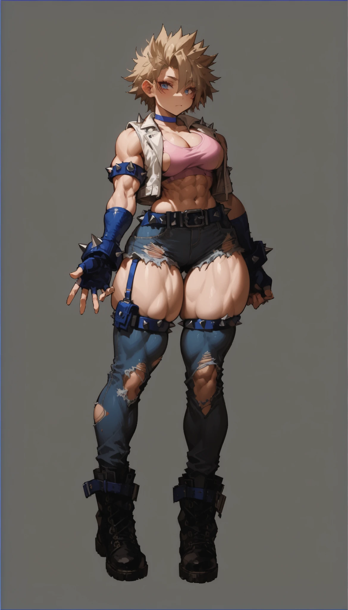 (plain background, 8k, best quality, masterpiece, realistic, photo-realistic:1.37) (full body height standing straight symmetrical contrapposto) (looking at viewer) 2legs apart (wide stance) ultra detailed, 1solo cute girl (beautiful detailed eyes) (smile:1.2) (closed mouth) view from below depth of field, good composition, WHITE SILVER bob hair, perfect knockers, suspenders, toned body, athletic, wide hips, thin waist, toned arms, exposed abdomen, abs toned, navel, big belly button belt ((red cheeks, red eyes, red tank top, red thong, red gloves gauntlets, red stockings thighs)) (Rei Kishimoto)