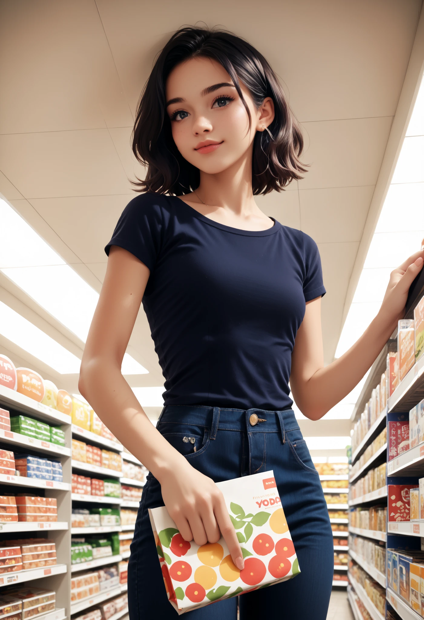 giantess young girl with beautiful face like ceiling bends down to pick up an item from a low shelf in a store.