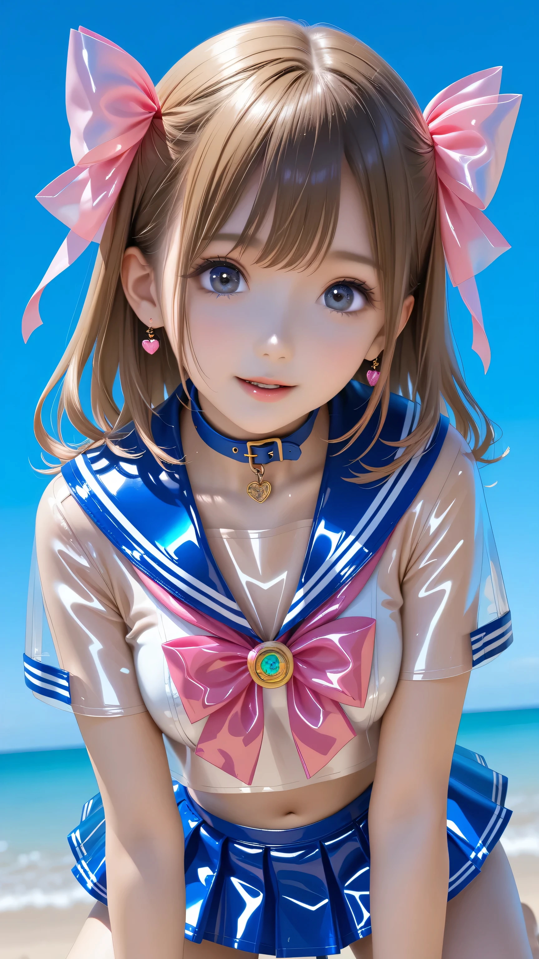 (Perfect Anatomy, Balanced ratio, very cute illustration:1.1), Poolside, Open your mouth、Blonde, blue eyes, Wavy long hair, ponytail, Half-cut bangs, (Put your arms behind your head, Underarm),  (Embarrassing), (Lots of frills、Gorgeous pink idol costume swimsuit with attention to detail), Baby Face, (Girl:1.5), (Cute round face),
