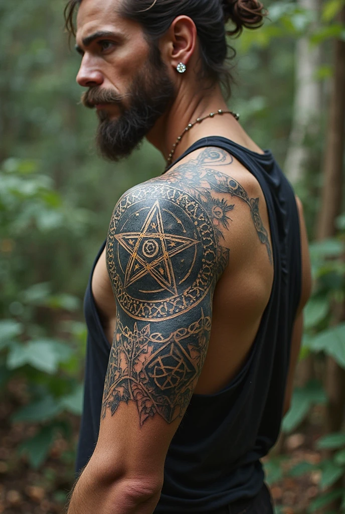 Back Tattoo, Mysticism researcher, between rows of bookshelves in the library, reveals an alchemical symbol tattoo on his back, demonstrating his strong interest in ancient knowledge and mysticism, (masterpiece, best quality, Professional, perfect composition, very aesthetic, absurdres, ultra-detailed, intricate details:1.3)