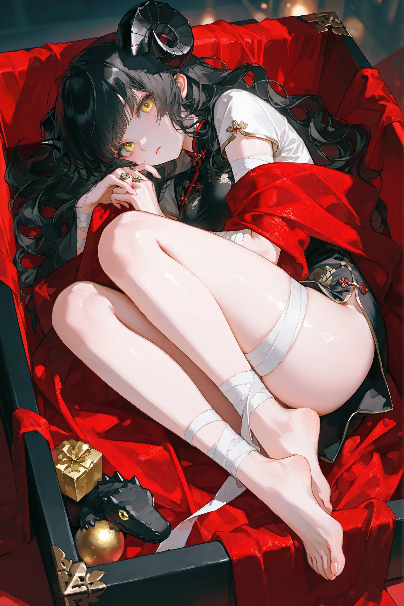 Orientalism, Lying in a luxury gift box, lined with soft velvet fabric, character carefully packaged inside a decorative box, in the box, full body, Woman, girl, long hair, wavy hair, straight bangs, black hair, Old Black Sheep Horn, golden eyes, cute round face, mideum breast, Jade ring on the left ring finger, Cold beauty, cold face,sickly face, expressionless, bandage on arm, slit White short china dress, thigh bandage, bare feet, lustrous skin, shiny skin, intricate details,  finger detail, close-up, masterpiece、best quality、Good quality、 average quality 、 super detailed、 very beautiful、 absurd、 blurry background、 depth of field、 natural light、 soft lighting 、Good hands 、 detailed eyes on board、 detailed hair、sensitive、solo、 Looking at the viewer, finely detailed beautiful eyes and detailed face, watercolor, high resolution illustration, very aesthetic, A red shawl draped over one's shoulders, cute crocodile doll