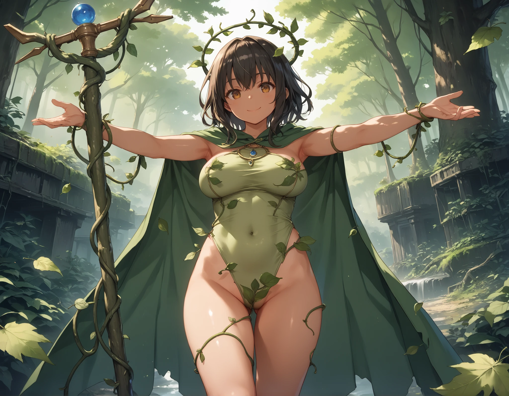 (2girls: 1.6), (height difference: 1.5), (size difference: 1.4), (giantess:1.1), a giantess looking down at a tiny woman, a giantess towering over a tiny woman, a tiny woman in the legs of a giantess, (brown skinned: 1.1), cute fantasy fancy robe, (fluffy ears), (short hair with long bangs), (catgirl), (messy hair), (very tall and mature: 1.2), (forest jungle: 1.1), sitting big thighs, tiny woman sitting a giantess lap