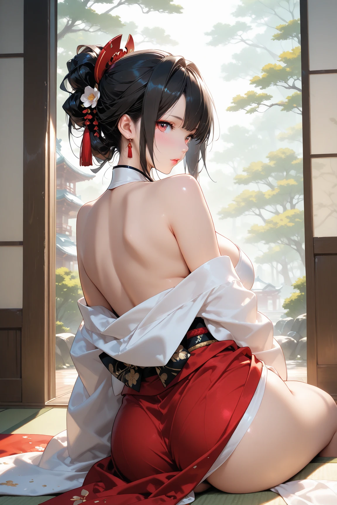 (absurdres, highres, ultra detailed),masterpiece,best quality,high resolution,8k,Realistic face,Realistic skin texture,magnified textures, stunning clarity,(ultra detailed eyes and face),(1 girl:1.6),,black hair,messy bun,pale skin, mysterious eyes,,thin body type,big breasts,(small ass),(beautiful ass) (black satin bra:1.3),(white fundoshi:1.5),(expressionless:1.1)(basuful:1.3)Steampunk in the meiji Period、night、(luxuary room of Japanese Ryokan)、look at viewer,(on all fours:1.3),Delicate atmosphere、,cowboy shot,(from behind:1.3)
