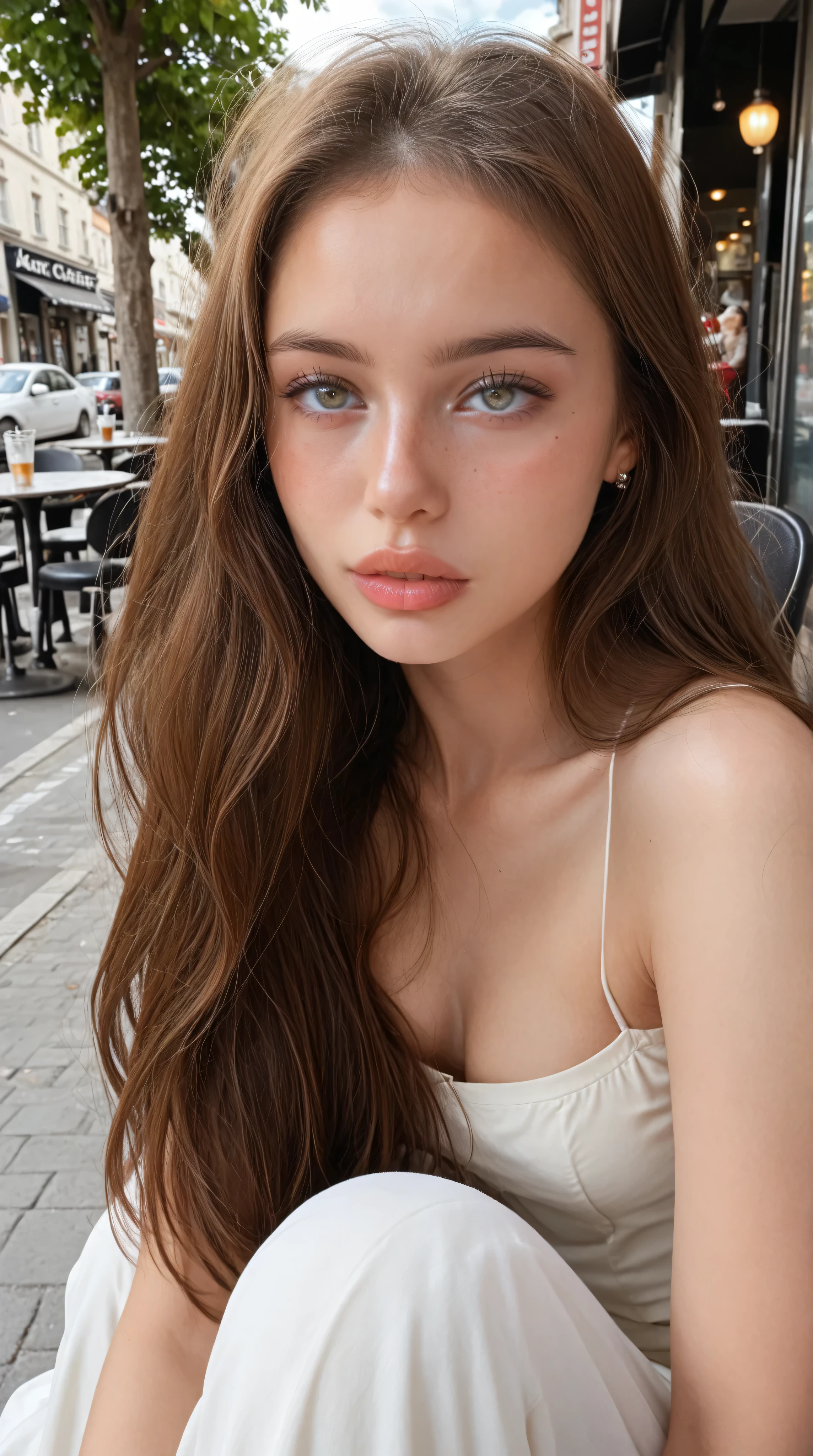 Very beautiful 18 years old girl with long brown hair volumed perct face cute ultra realistic eyes, sensetive lips, small nose, is sitting in a very sexy outfir in a street cafe. We can see her full body