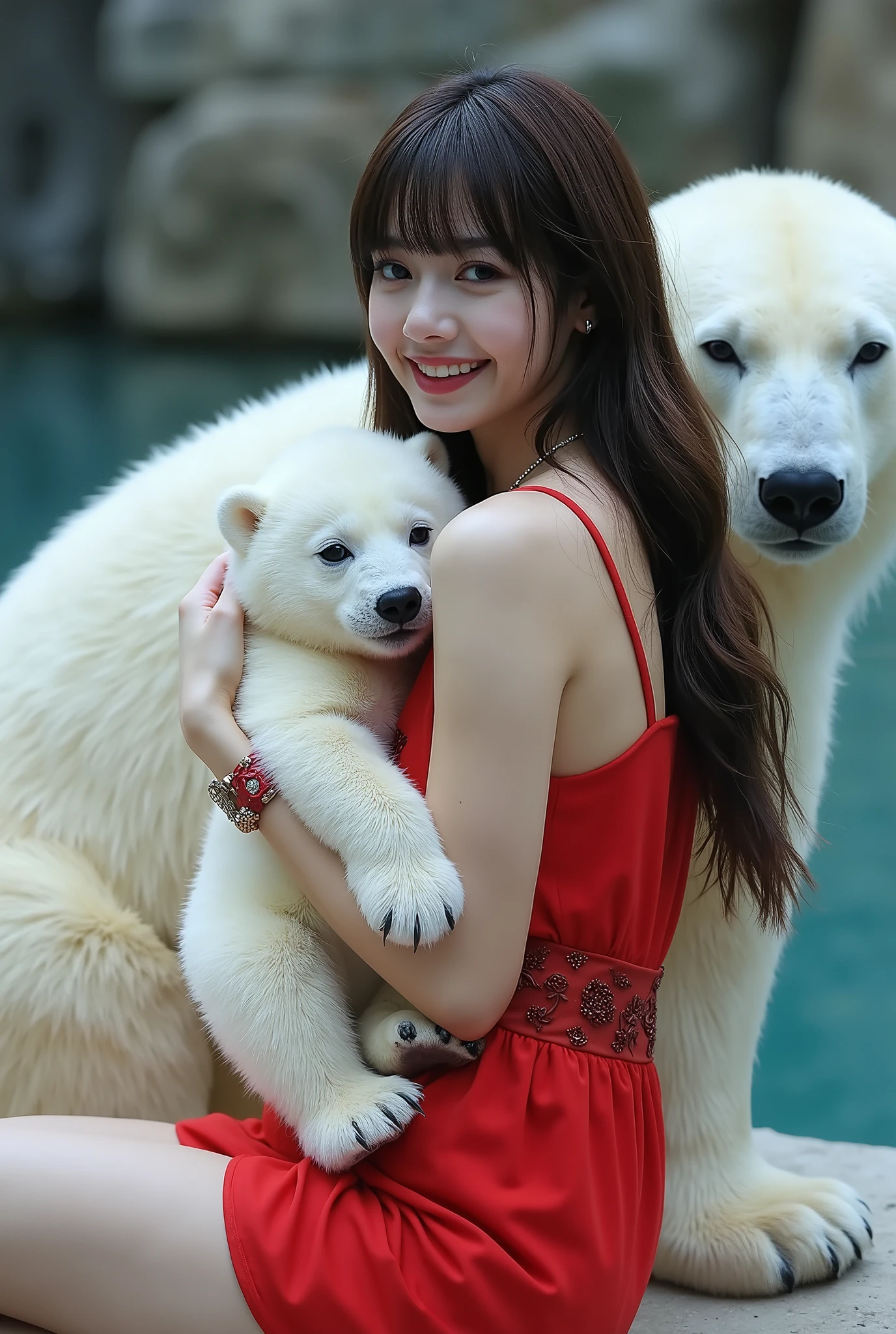 Create a portrait of a stunning Japanese female singer. She has a slender physique, small breasts, and thin legs. Her long hair features bangs, and she wears a red Gothic-style mini dress complemented by Gothic makeup. The scene captures her smiling while holding a baby polar bear beside an adult polar bear. The background features a zoo, showcasing the polar bear's pool during the daytime. The angle should be dynamic to enhance the visual impact.