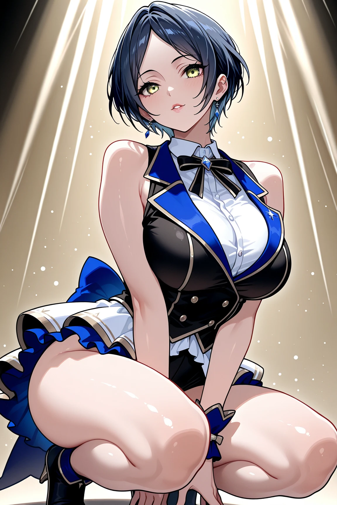 1girl, bunnysuit, bunny ears, blue hair, purple eyes, very short hair, pixie cut, ((fang)), fang, smile, black leotard, rabbit ears, laege breasts, thick thighs, pantyhose, bowtie, cleavage, red bowtie, cowboy shot, animal ear fluff, (petite), ((petite)), highleg leotard, real animal ears