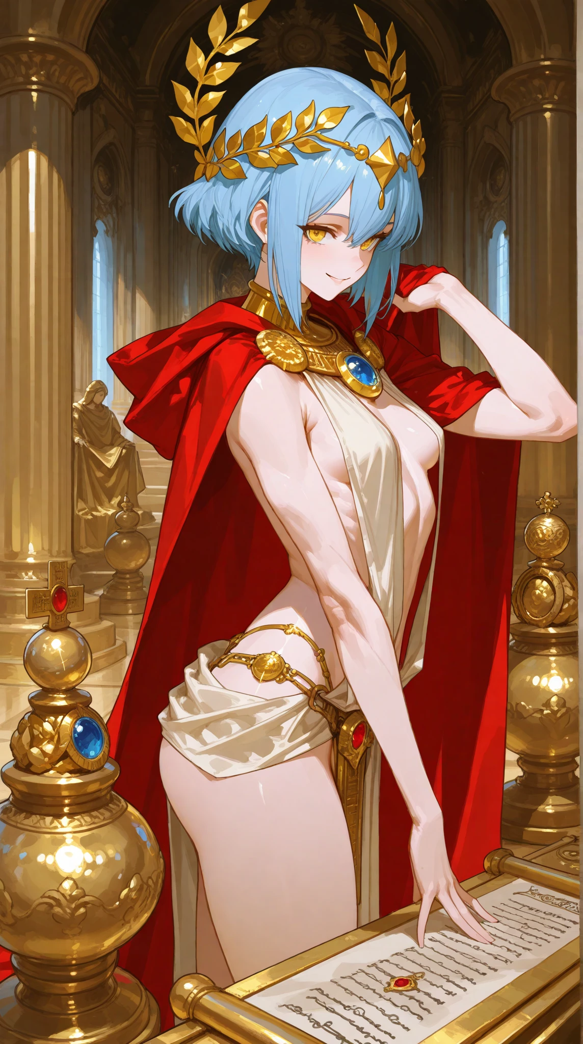a beautiful long blue-haired girl wearing an elaborate egyptian queen's costume, sexy white egyptian dress with colored striped fabric hem, beautiful naked thighs, full body view, short hair, golden eyes, in the style of an egyptian golden cat, white background, photorealistic, 8k, high quality, detailed, vivid colors, dramatic lighting, Wearing high gold shoes, cute face is obvious, (blank white background with no other objects) Slim body, Standing straight pose, both free hand poses (smile