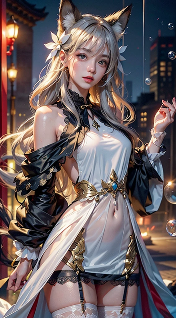 (Photoreal Stick:1.4, masutepiece:1..3, 8K), top-quality, ​masterpiece, 超A high resolution, Perfect dynamic composition, Professional camera work, Grow Light Effect, Mystical portrait, Cinematic Light, Highly detailed skin and facial texture:1.3, The ultra-detailliert, A detailed eye, (Shining metal objects floating in the air and surrounding her.:1.2), (myterious:1.3, Fanciful:1.2, tradition:1.2, majestueux:1.2), 1girl in, 25-years old, cute sexy slim female god, Fair skin, (Enraptured look:0.9, Totally captivates you:1.0), (silver japanese kimono:1.3 off shoulder), (voluptuous breasts:0.9), (Backshots, Calm pose), (Beautiful blue eyes, Eyes that feel beautiful eros:0.85), Sexy face:0.4, (A mouthfeel that feels beautiful eros:0.85), ((Too cute beauty:0.9))