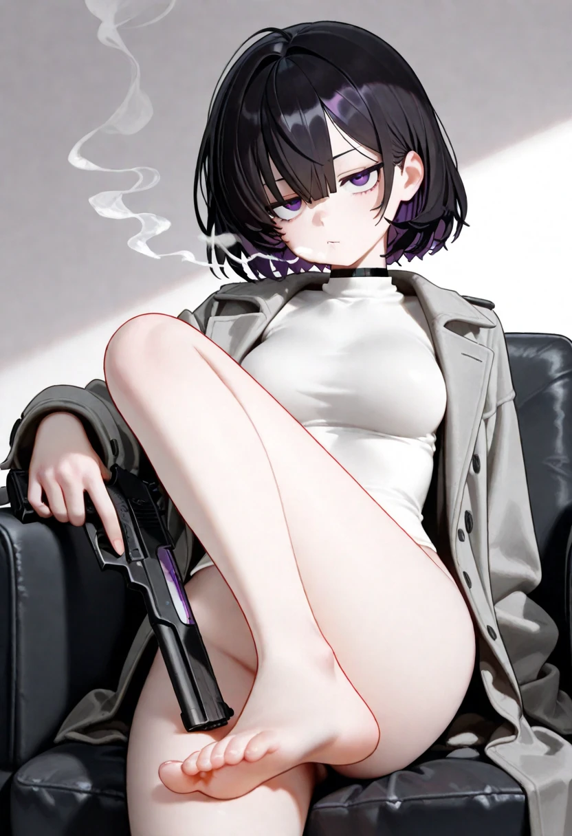 ((best quality)), ((highly detailed)), masterpiece, absurdres, (detailed eyes, deep eyes), (1girl), leather jacket, jirou, short hair, purple hair, blunt bangs, sidelocks, purple eyes, long earlobes, solo, 1girl, jirou_kyouka, long earlobes, choker, (black eyes:1.5), pinching own nipples,, slut, spread legs, nudity, abstract background,pussy , detailed face, straight legs, nude female, sitting up, seductive, 2D, (fully nude), , big tits, standing, annoyed expression, unamused, pubic hair