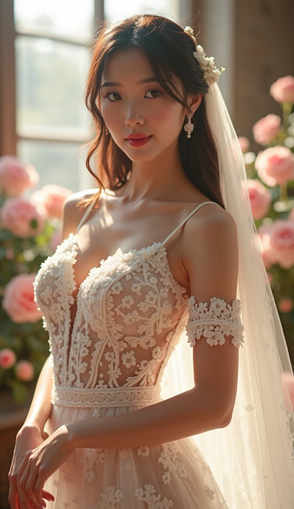 Feminine, high detail and quality, 8K Ultra HD, 3D, beautiful woman, plump, night, mysterious rose, fashion magazine cover, seamless pattern, neutral pastel colors, mysterious off-white world, fabric art, art station, (a large number of detailed designs in pastel style that combine magic and fantasy), splashes, wallpaper design aesthetics, white tones, realistic, super realistic, full color and impressive.