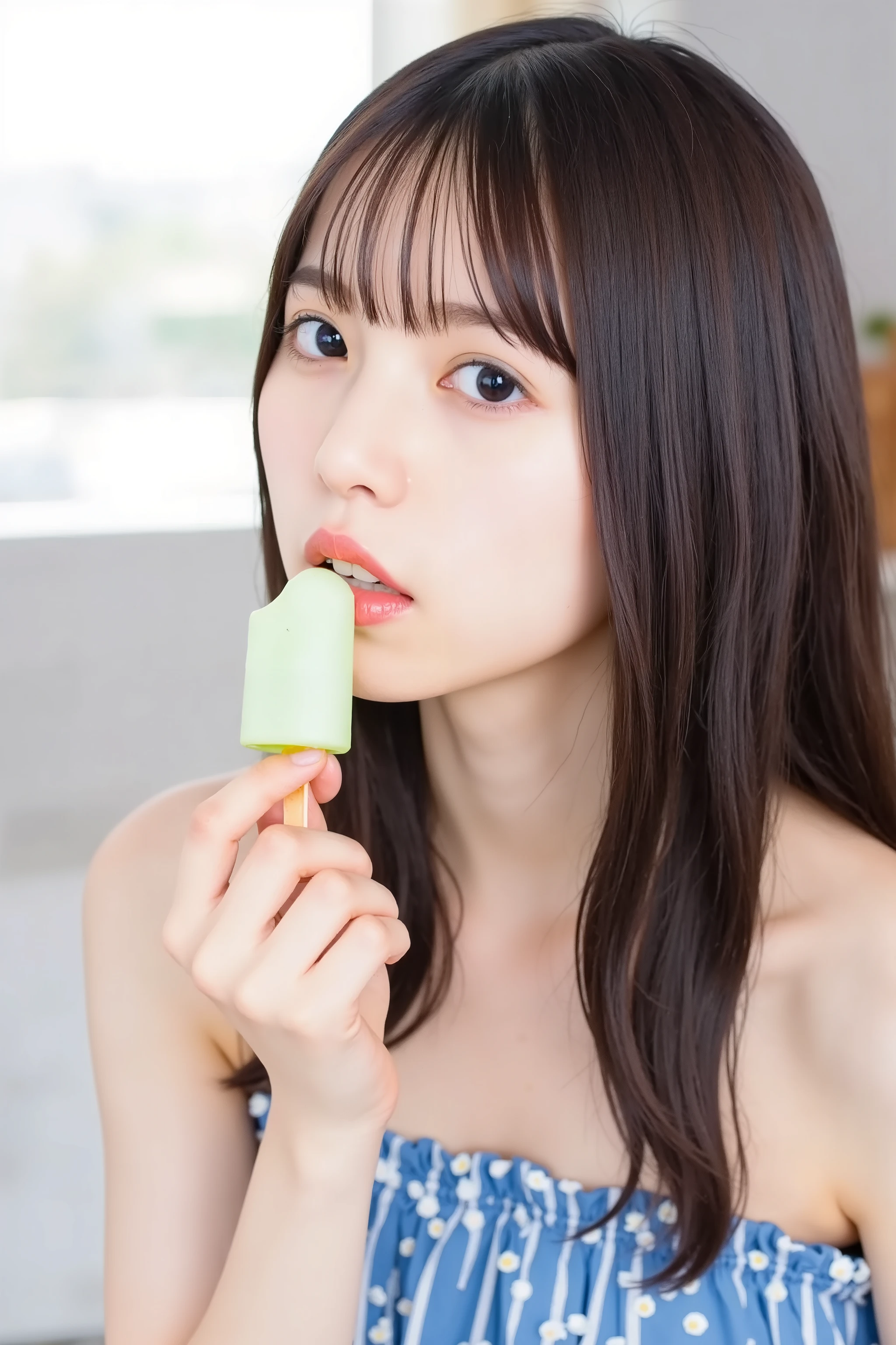 A high resolution photograph of a Japanese woman in off-shoulder sundress with sensual face viewed from the side, close-up of face. Her hairstyle is straight long black hair with blunt bangs. She has a tiny breasts and pale skin. She's holding a cylindrical popsicle in one hand and licking it. It depicts detailed hands, detailed fingers, detailed face, detailed eyes and anatomically correct proportion.