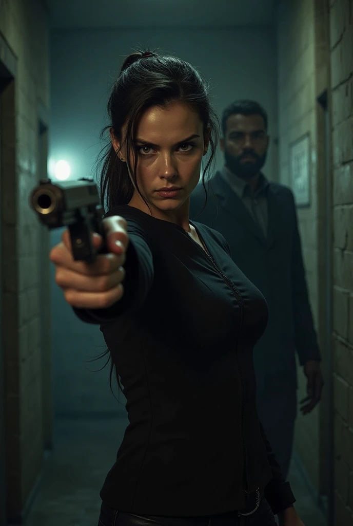 a woman in a suit, belt, hands behind back, sweating, suspenders, black pants, sexly, large breasts, see-through clothing, rain, detective, office worker, white button-up shirt, (best quality,4K,8k,highres,masterpiece:1.2),ultra-detailed,(realistic,photorealistic,photo-realistic:1.37),hyper-detailed,highly detailed face and body, Slender thin suspenders Moderate breasts See-through shirt Nipples holster chain Pistol Armament criminal Female criminal knife japanese profile Japanese women arrested handcuff