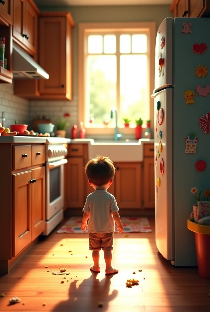 A realistic character, boy eating sweets, a clean room with window