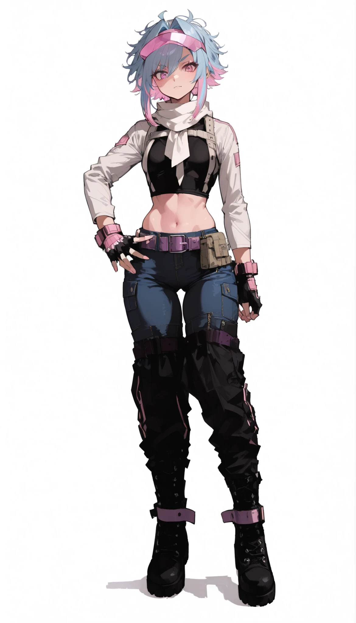 (My Hero Academia Style), (((High Quality))), (1girl), (solo), (female), (anthro), ((perfect face)), (((perfect hands))), (((perfect anatomy))), (Thigh Gap), (Knee gap), (ankle Gap), ((Full Body Photo:1.5)), ((looking at viewer)), ((skindentation)), (Standing), ((Small Breasts)), ((Thick Hips)), ((Thick Waist)), ((Thick claves)), ((Athletic Body)), ((Slim Body)), ((Long Sleeves Croppet Loose Black Turtleneck Jacket)), ((Close Jacket)), ((Cyan Blue Denim Loose Cargo Pants Tucked in boots)), ((Black Loose High Shin feetwear Strap Belt Combat Boots)), ((Purple Hip Belt With White Pouches)), ((fingerless handwear White Combat Gloves)), ((Midriff)), ((White Neckwear Scarf)), ((Long White Scarf)), ((Hero Costume)), ((Pink Lines on Hero Costume)), ((Inverted Bob)), ((Hair Intakes)), ((Messy Hair)), ((Very Short Hair)), ((Straight Hair)), ((Swept Bangs)), ((Medium Long Blunt Sidelocks)), ((Light Blue Hair)), ((Pink Colored Inner Hair)), ((Very Short Hair With Medium Long Sidelocks)), ((V-Shaped Slim Eyebrows)), ((Eyebrows Visible Through Hair)), ((Hair Between Eyes)), ((Pink Eyewear Visor)), ((Eyewear over Head)), ((Pink Eyes)), ((Simple Gray Background)),