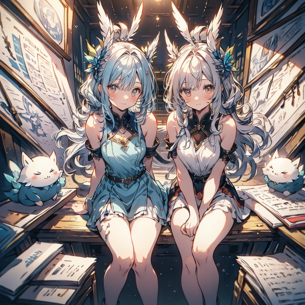 wizard,Ragnarok Online,Blue hair,thick thighs,large breast,black outfit,black rabbit fake ears,Red eyes,{under rim glasses},Naughty face,Round library,celtic,{sitting,Open legs},black pantyhose,