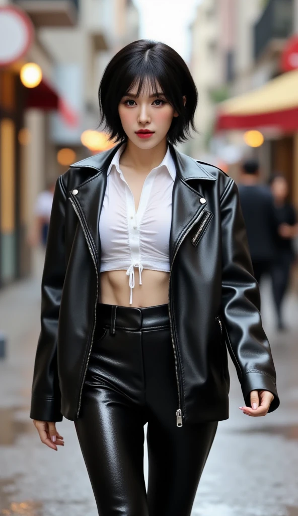 Best Quality, 8k, 32k, Masterpiece, UHD: 1.3), Attractive Japan Woman Pictures, One Girl, (full body : 1.0), Abs, Perfect Body, (leather jacket:1.0),(skirt:1.1),(boots:1.0),Ultra Detailed Face, Detailed Lips, Fine Eyes, Double Eyelids,short hair,Disheveled Hair,Beautiful japan girl wearing a black robe jacket wearing a black shirt and black trousers wearing sandals and a black chopper necklace, showing off her slim stomach, black hair, photo in the city (masterpiece) 8k