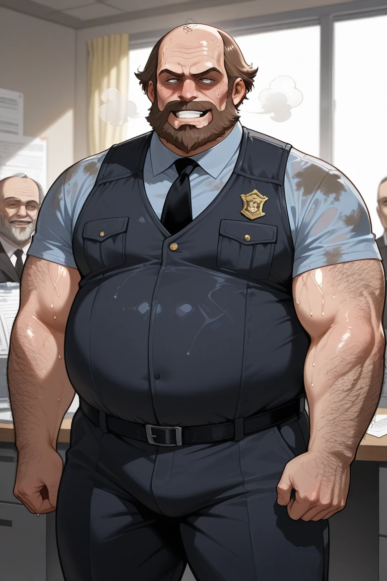 Solo, 1boy, perfect anatomy, perfect proportion, (old man, old, wrinkles skinned, wrinkles face, Grandpa, police shorts, office, police shirt (open shirt)), perfect center, sharp eyes, big eyes, peaceful, eyes, (smile, happiness), calm, perfect fingers, big hand, fingers. Huge Muscular Old man with short hair, shoes, (cargo shorts), view from side, pectoral, thick arms, huge pectoral, wide pectoral, white hair, white beards, simple background, masterpiece, semirealistic:1.2, high detailed, 8k, high resolution, perfect center, full view. ((really big muscle, massive muscular, sixpack, thick arms, wide pectoral, super huge muscle, hyper muscular, over sized muscle, huge arms, big arms, huge pectoral))
