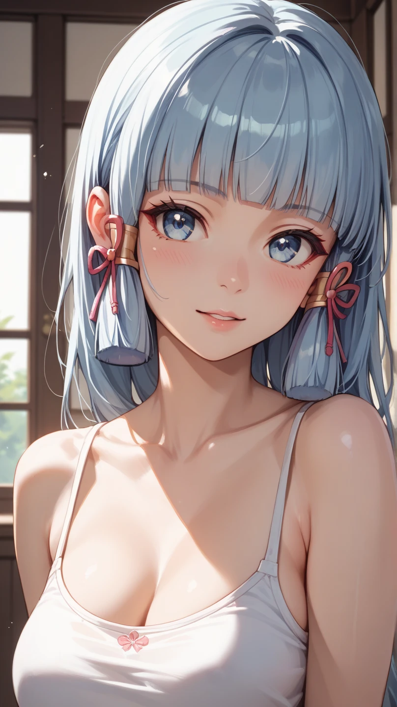 moody lighting, cute girl, (platinum blue hair), ((drill hair)), perfect face, smug smile, (blue eyes), (naked), (petite), (slender), (tiny breasts), (flat chest), ((18 years old)), skindentation, extreme detail, attractive oval face, pink lips, pink nipples, glossy skin, detailed hair, face focus, close-up chest,