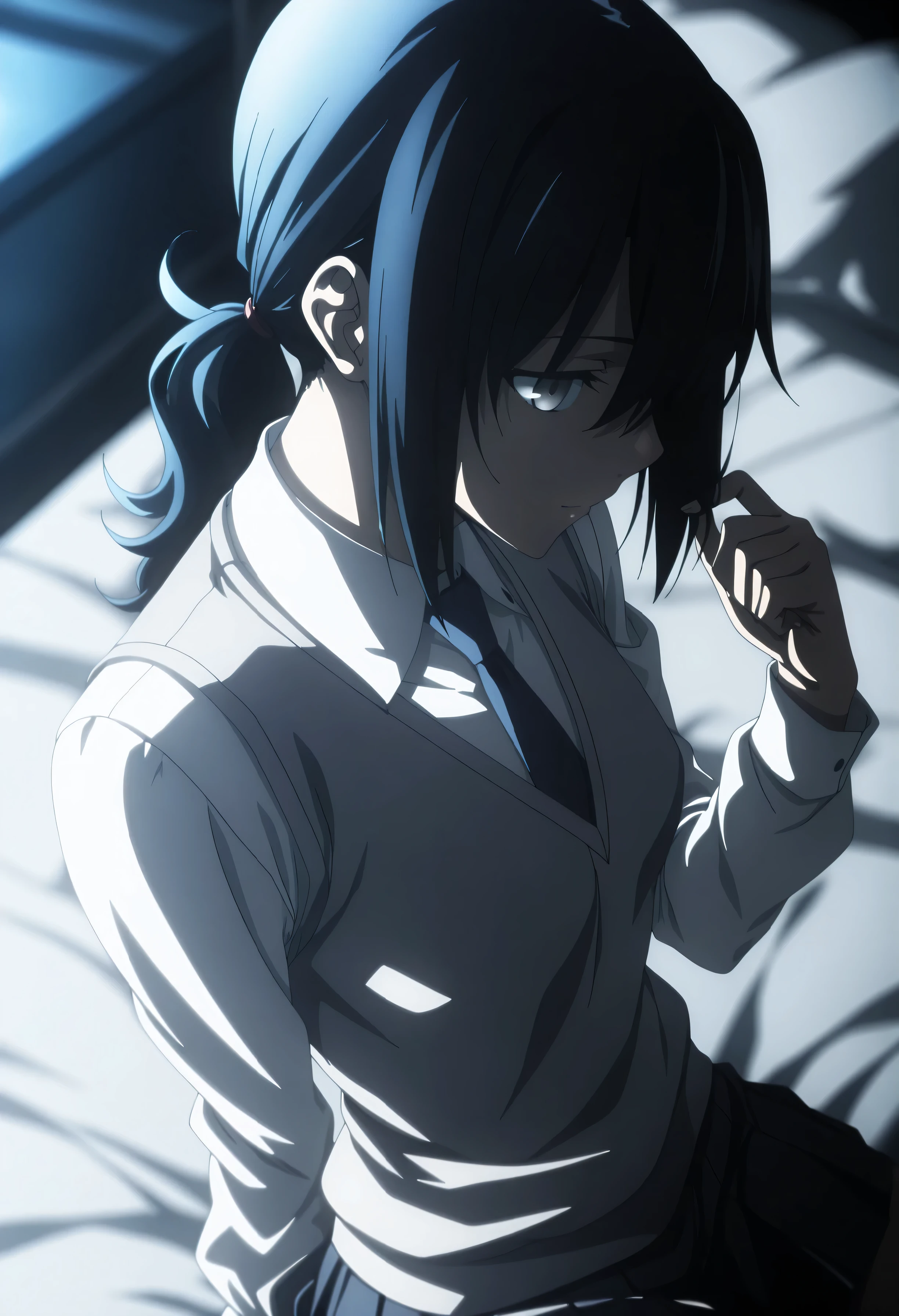 masterpiece, best quality, amazing quality, highres, absurdres, very aesthetic, high resolution, ultra detailed, perfect details, midnight, , upper body, indoors, ufotable style, blue hour, backlight, , ((from above, from back)), upper body,
1girl, solo, ufotable style, anime style, (anime coloring:1.5), (anime screencap:1.2) ,(aged up:1.4), playing with own hair,
girl, mature, slim body, slender body, ,Fate Grand Order, fate, Fate Grand Order, medium hair, (straight hair, low ponytail), light gray eyes, black hair, on bed, white shirt, (gray sweater vest), dark blue necktie , long pleated skirt, ((small breasts)), looking back,, sitting, (expressionless), , very light smile, ,